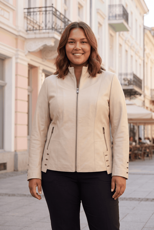 Damska kurtka skórzana „Primavera” z naturalnej skóry, w kolorze kremowym, średniej długości, rozmiary plus size dla puszystych pań – облечен