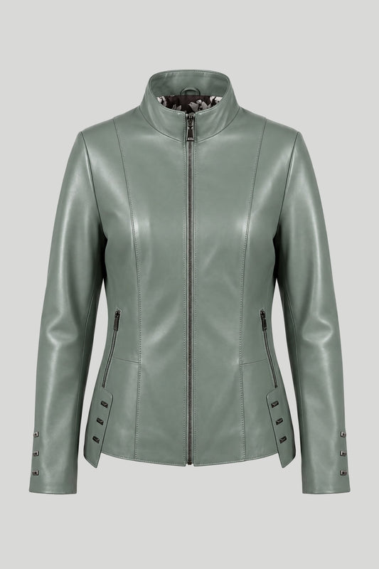 Women's genuine leather jacket "Primavera", pea green, mid-length, plus sizes – снимка на продукта