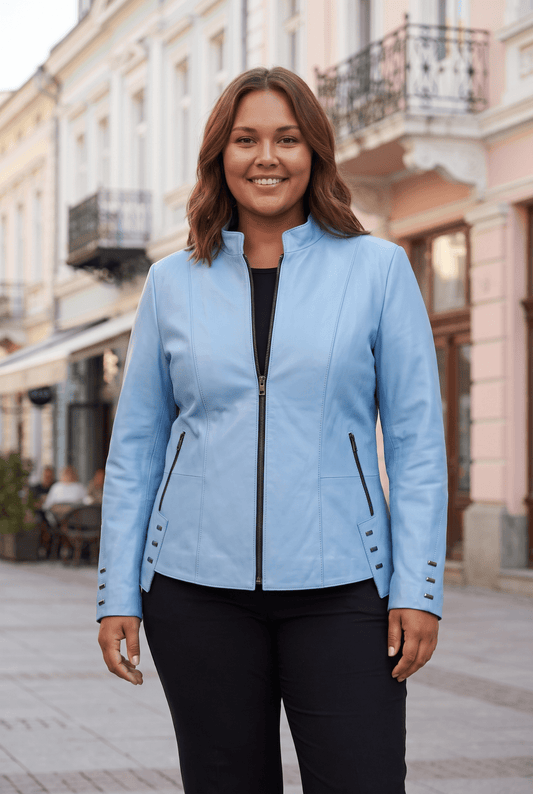 Women's leather jacket "Primavera" made of genuine leather, sky blue, medium length, plus sizes for curvy ladies – облечен