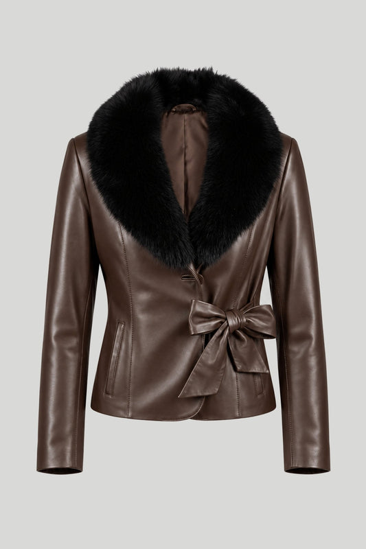 "Siena" women's leather jacket with black fur - wrap-style with bow belt, brown color, autumn-winter – снимка на продукта