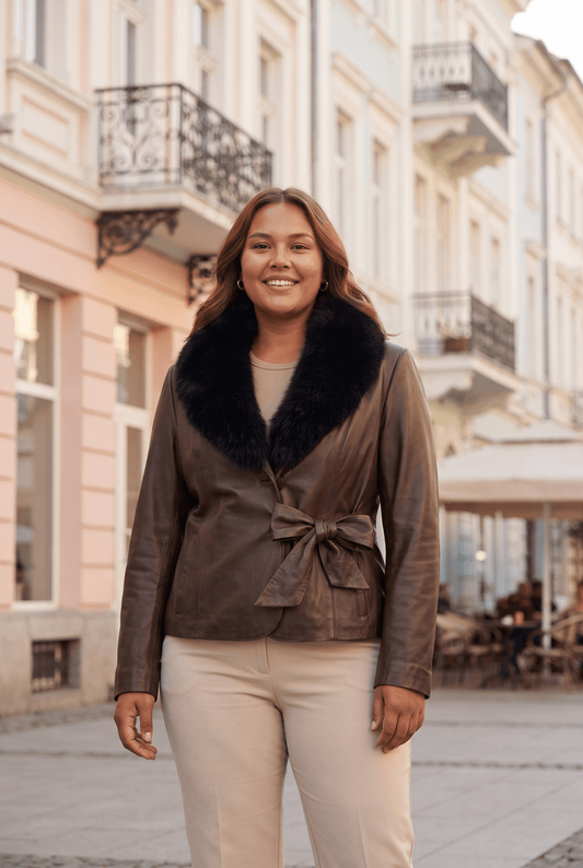 Women's leather jacket with black fur "Siena" - wrap style with a bow belt, brown, autumn-winter - Plus sizes – облечен