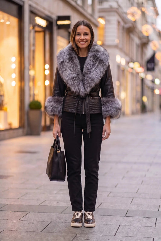 Women's leather jacket with large fox collar "Torino" - 7/8 sleeves, padded waist with ties, black with silver fur – облечен