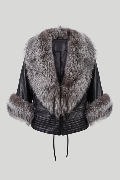 Дамско кожено яке с едра лисича яка "Torino" - ръкав 7/8, ватиран пояс с връзки, цвят черен със сребрист косъм - Плюс размери Roberto&Co Roberto Fashion Store Jacket RBC1908JCKBLKFU+-4XL 2XL