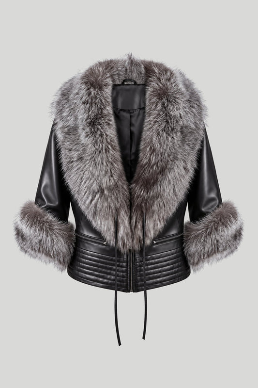 Women's leather jacket with large fox collar "Torino" - 7/8 sleeves, padded waist with ties, black with silver fur – снимка на продукта
