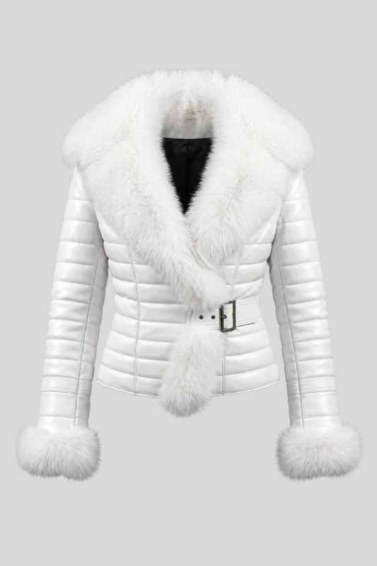 Women's Leather Jacket with Natural Fur "Cortina" - quilted, fox collar and cuffs, buckle belt, white color – снимка на продукта
