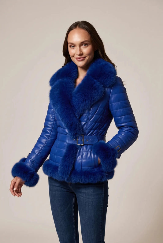 Women's Leather Jacket with Natural Fur "Cortina" - quilted, fox collar and cuffs, buckle belt, royal blue – облечен