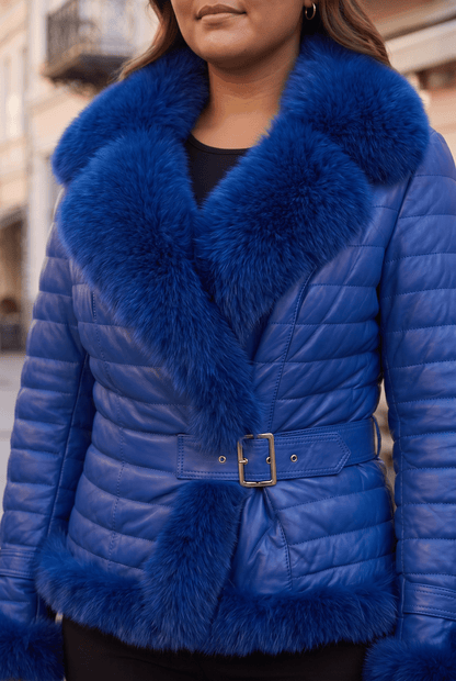 Дамско кожено яке с естествен косъм "Cortina" - ватирано, лисича яка и маншети, колан с катарама, цвят кралско синьо - Плюс размери Roberto&Co Roberto Fashion Store Jacket RBC1508JCKBLUFU+-4XL 2XL