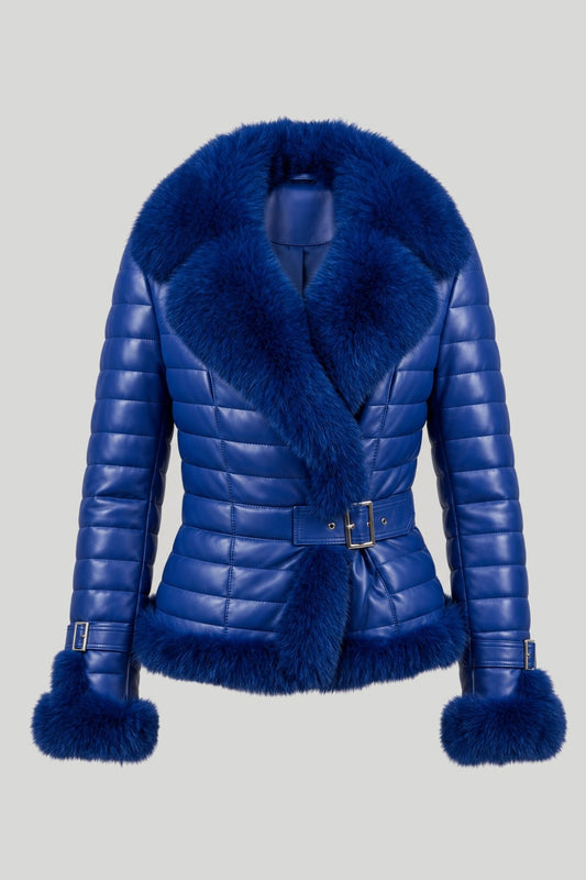 Women's Leather Jacket with Natural Fur "Cortina" - quilted, fox collar and cuffs, buckle belt, royal blue – снимка на продукта