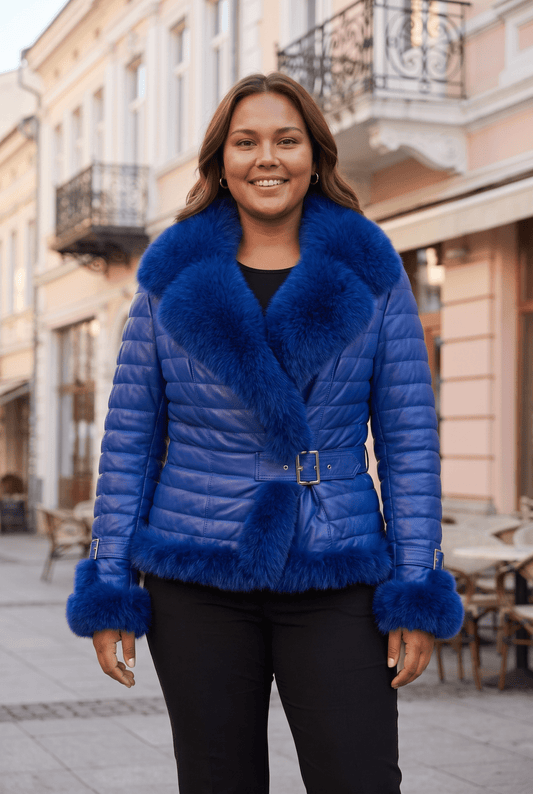 Damen-Lederjacke mit echtem Pelz „Cortina“ – wattiert, Fuchskragen und -manschetten, Gürtel mit Schnalle, königsblau – große Größen – облечен