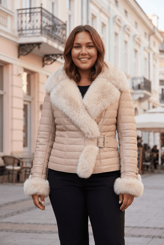 Damen-Lederjacke mit echtem Pelz „Cortina“ – wattiert, Fuchskragen und -manschetten, Gürtel mit Schnalle, puderbeige – große Größen – облечен