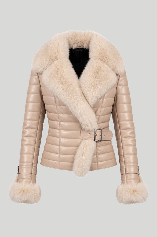Women's Leather Jacket with Real Fur "Cortina" - quilted, fox collar and cuffs, buckle belt, powder beige – снимка на продукта