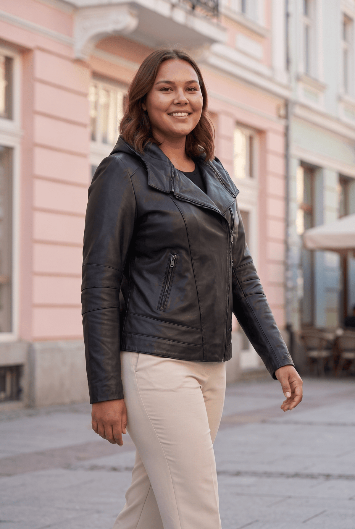 Дамско кожено яке с качулка "Bari" от естествена кожа, байкърски стил, черно, макси размери за пълни дами Roberto&Co Roberto Fashion Store Jacket RBC0621LEAJC+BLK-4XL 2XL