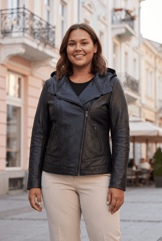 Women's leather jacket with hood "Bari" made of genuine leather, biker style, black, plus sizes for full-figured women – облечен