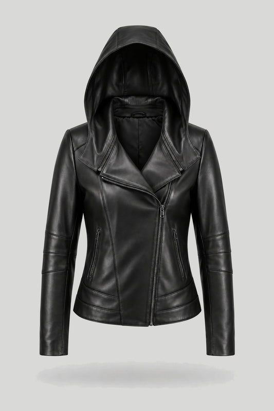 Women's leather jacket with hood "Bari" made of genuine leather, biker style, black, plus sizes for full-figured women – снимка на продукта