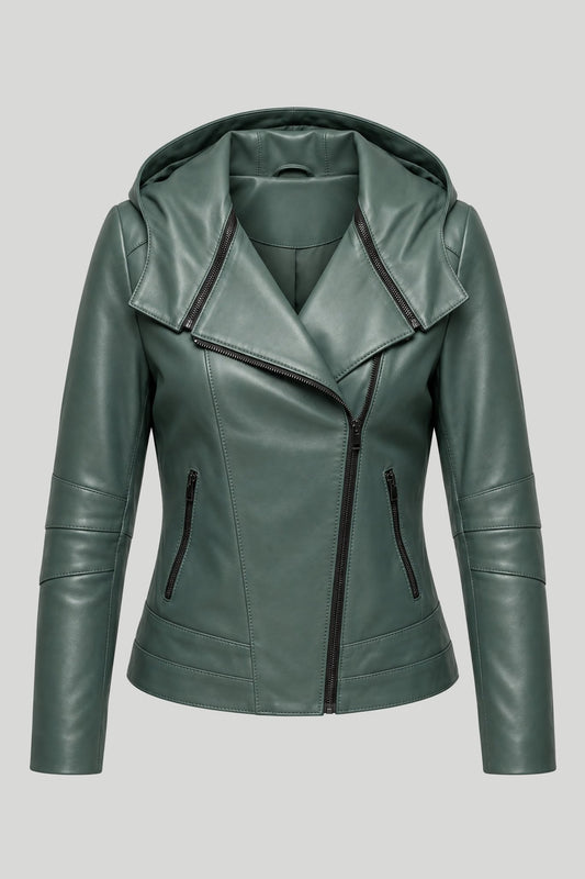 Women's leather jacket with hood "Bari" made of genuine leather, biker style, pea green, plus sizes – снимка на продукта