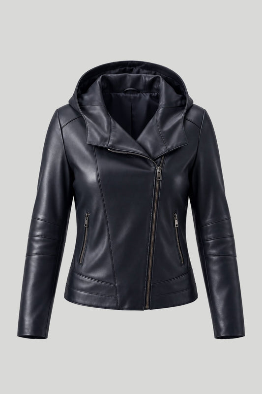 Women's leather jacket with hood "Bari" made of genuine leather, biker style, dark blue, plus sizes for full-figured women – снимка на продукта