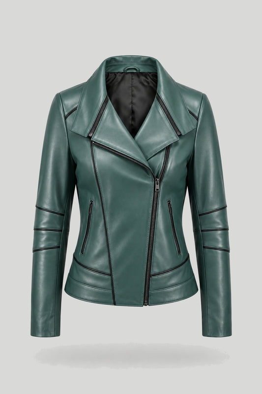 Women's leather jacket with hood "Bari" made of genuine leather, green with black stripes, plus sizes for curvy ladies – снимка на продукта