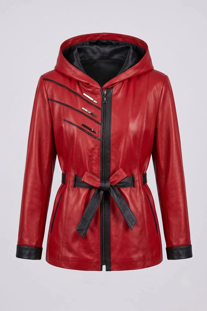 Дамско кожено яке с колан от агнешка кожа, червено Roberto&Co Roberto Fashion Store Jacket LEA2511JCKREDBLT-2XL L