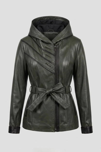 Дамско кожено яке с колан от агнешка кожа, зелено - Плюс размери Roberto&Co Roberto Fashion Store Jacket LEA2511JCKGRNBL+8XL 6XL