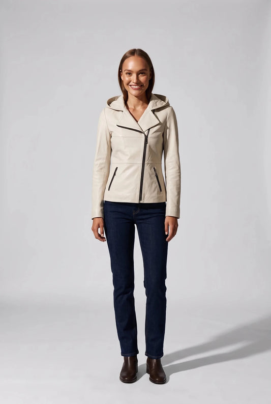 Women's Leather Jacket with Detachable Hood "Bari" - biker moto style, asymmetrical zipper, cream color, autumn-winter – облечен