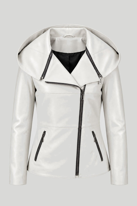 Damen-Lederjacke mit abnehmbarer Kapuze „Bari“ – Biker-Motorradstil, asymmetrischer Reißverschluss, cremefarben, Herbst-Winter, große Größen – снимка на продукта