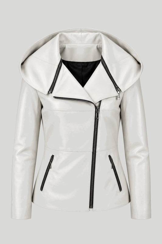 Women's Leather Jacket with Detachable Hood "Bari" - biker moto style, asymmetrical zipper, cream color, autumn-winter – снимка на продукта