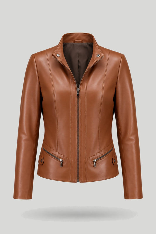 Women's leather jacket "Verona" made of genuine leather, coffee color, short jacket, fitted, plus sizes for full-figured ladies – снимка на продукта