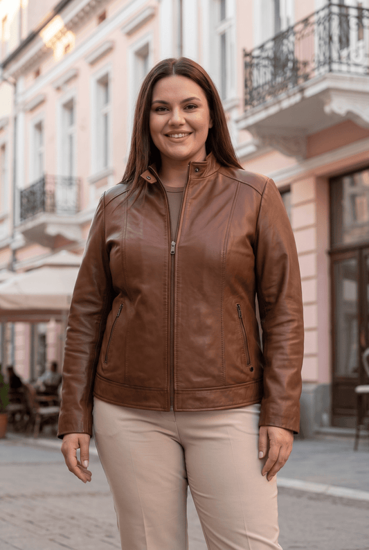 Women's leather jacket "Verona" made of genuine leather, coffee color, short jacket, fitted, plus sizes for full-figured ladies – облечен