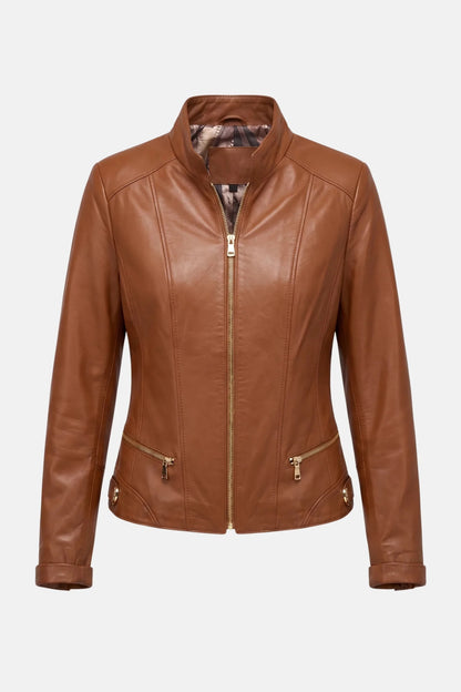 Дамско кожено яке "Verona" от естествена кожа, кафяво със златист обков, късо сако, макси размери за пълни дами Roberto&Co Roberto Fashion Store Jacket RBC1212LEAJC+BRW-6XL 4XL