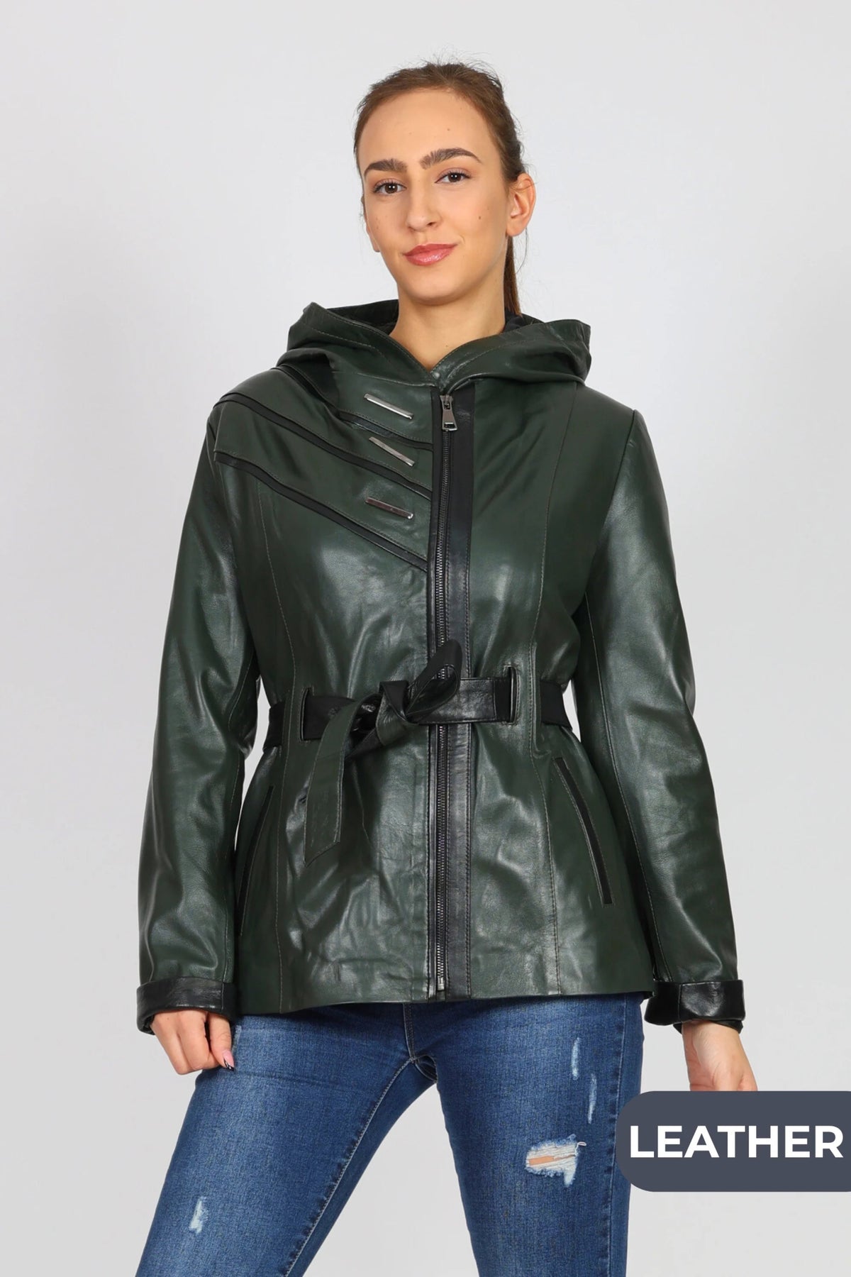 Women's Leather Jacket, Green - Roberto Fashion - Roberto Fashion Women's Leather Jacket, Green - Roberto Fashion - Roberto Fashion
