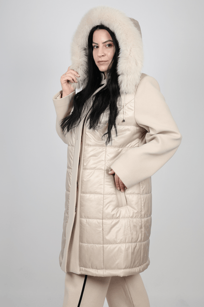 Дамско Палто с качулка, Бежов, Кафяв & Зелен Roberto Fashion Store Coat ROBE1049 42 EU Beige