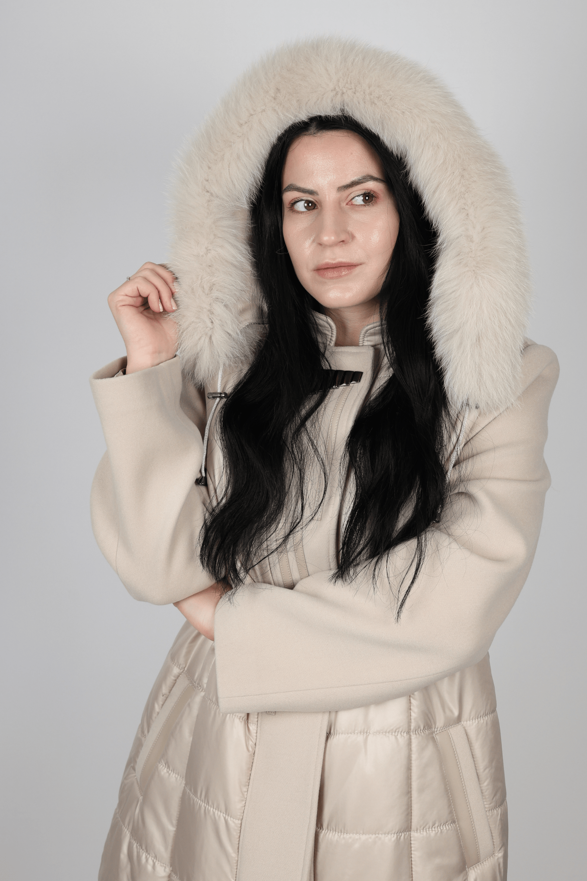 Дамско Палто с качулка, Бежов, Кафяв & Зелен Roberto Fashion Store Coat ROBE1049 42 EU Beige