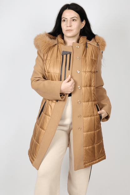 Дамско Палто с качулка, Бежов, Кафяв & Зелен Roberto Fashion Store Coat ROBE1048 42 EU Brown