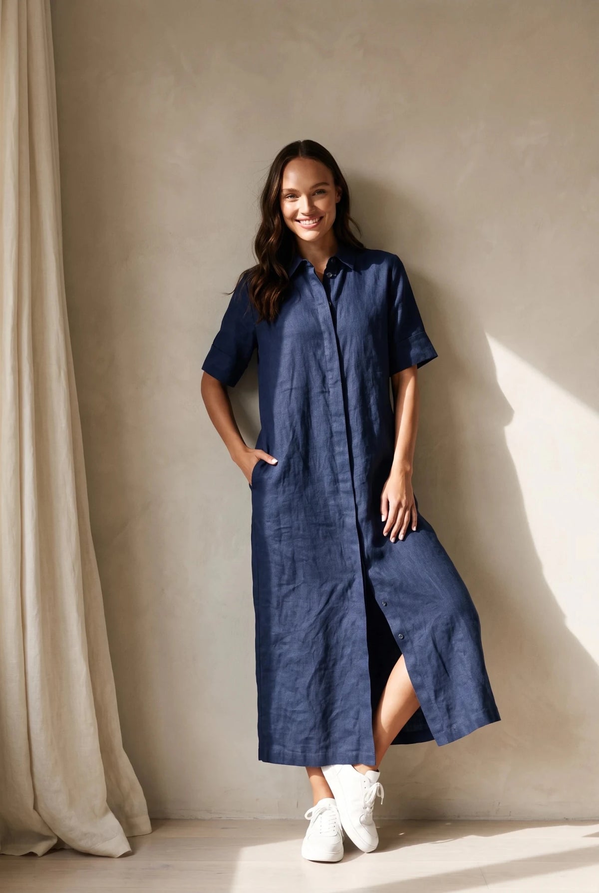 Дълга Рокля тип Риза от 100% Лен – Тъмносин (Navy Blue) VIPART Roberto Fashion Store Dress VRP0105DRSNAVLIN38 38
