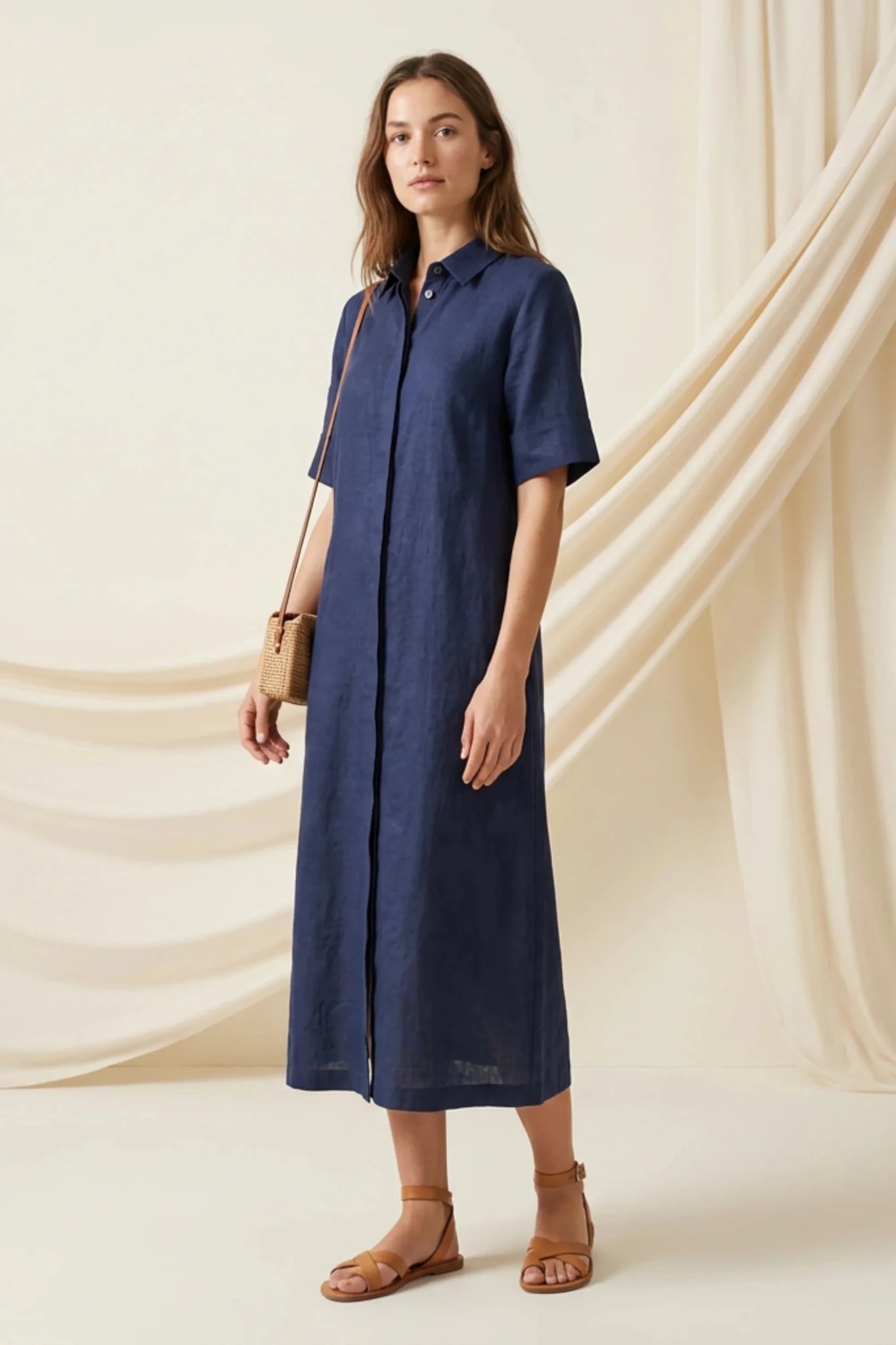 Дълга Рокля тип Риза от 100% Лен – Тъмносин (Navy Blue) VIPART Roberto Fashion Store Set VRP0105DRSNAVLIN38 38