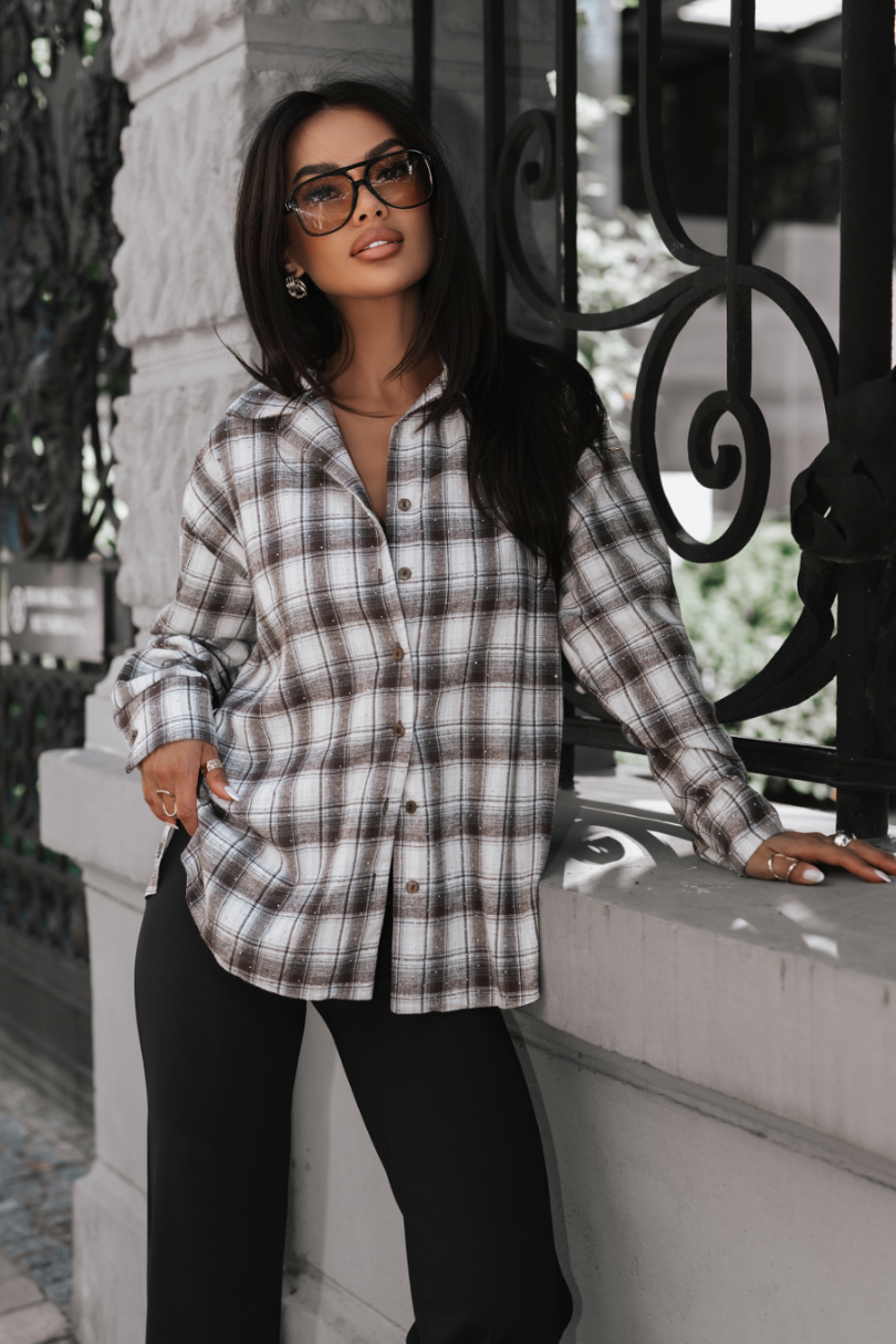 BLINK men's flannel shirt, ecru and fango, soft and warm fabric, plaid pattern, comfortable fit