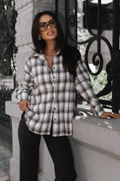 BLINK men's flannel shirt, ecru and fango, soft and warm fabric, plaid pattern, comfortable fit