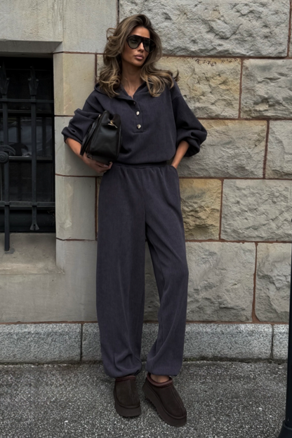 VENICE women's set in graphite – long-sleeved top and trousers, one size, 95% cotton and 5% elastane