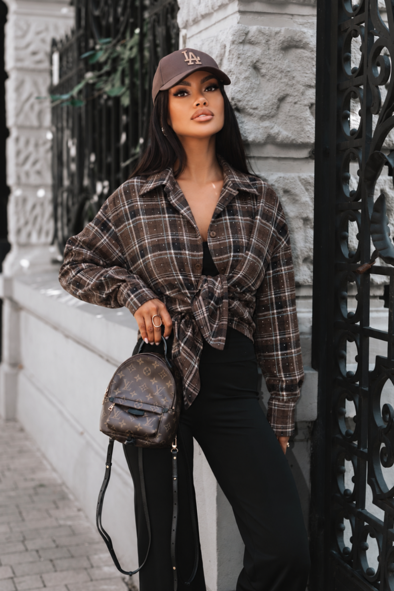 BLINK flannel shirt in brown and light blue, 95% cotton and 5% elastane, one size