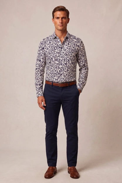 Мъжка ленена риза с дълъг ръкав в бяло и синьо Roberto&Co Roberto Fashion Store Shirt MCM0808SHRDSNLNNM M