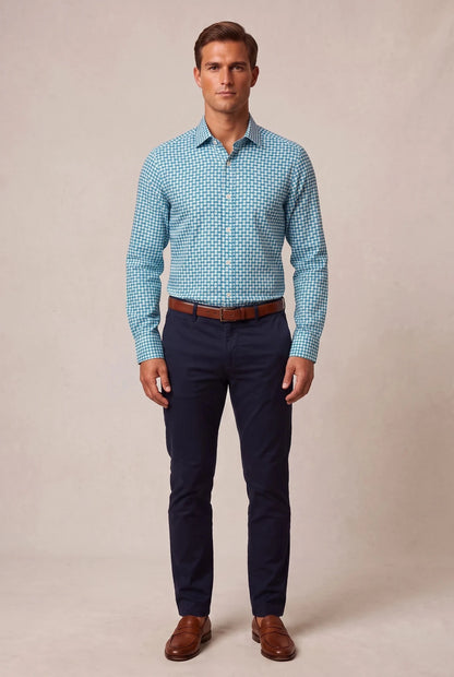 Мъжка риза с дълъг ръкав, бяло-зелен геометричен принт Roberto&Co Roberto Fashion Store Shirt MCM0808SHRGEOCOTM M