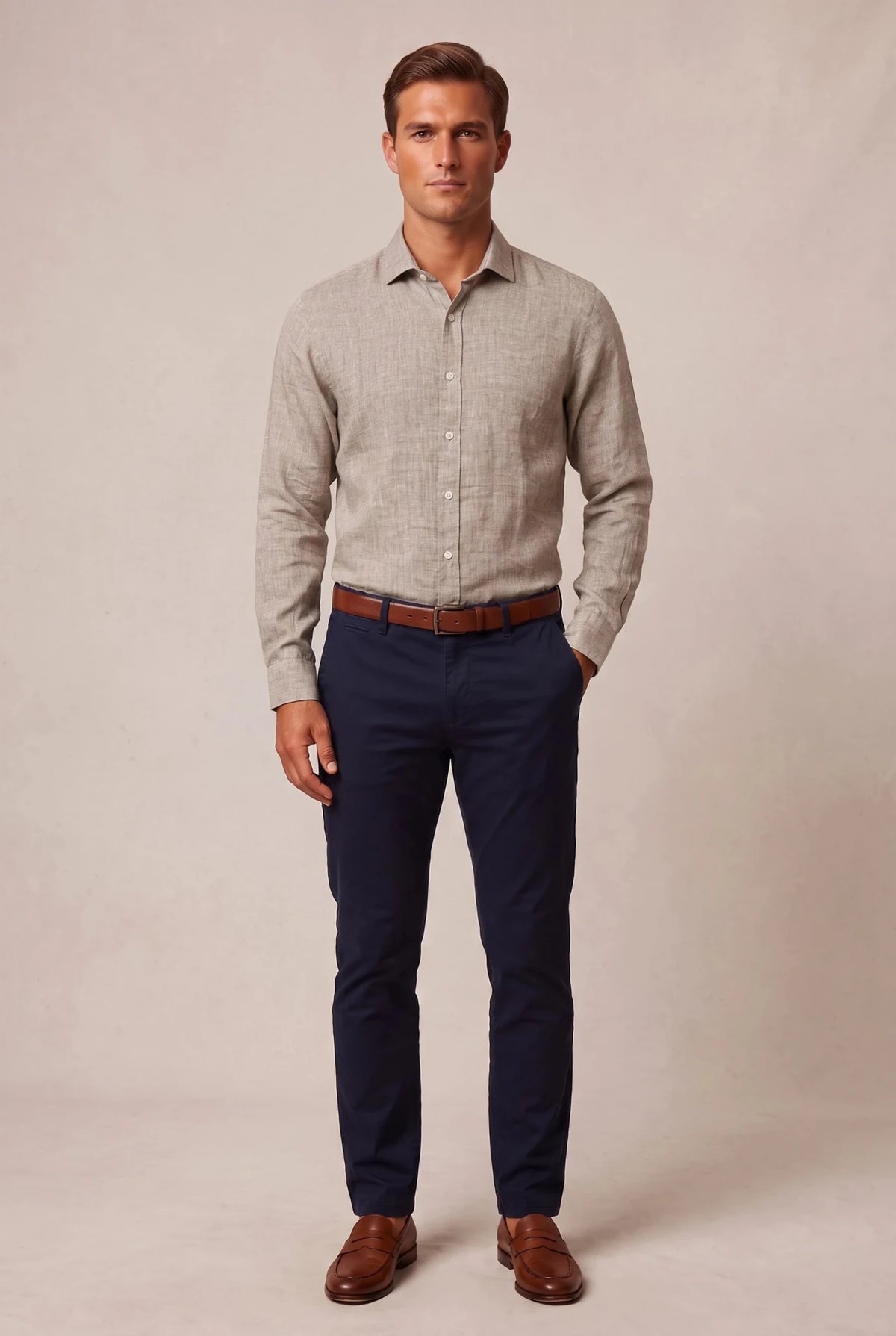 Мъжка риза с дълъг ръкав, ленена, бежова Roberto&Co Roberto Fashion Store Shirt XFT0808SHRBEILNNM M