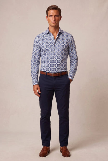 Мъжка риза с дълъг ръкав, син флорален принт, бяла основа Roberto&Co Roberto Fashion Store Shirt MCM0808SHRBLUWHIM M