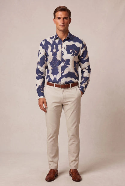 Мъжка риза с дълъг ръкав, тъмносиня, с принт жерави Roberto&Co Roberto Fashion Store Shirt MCM0808SHRBRDLNNM M