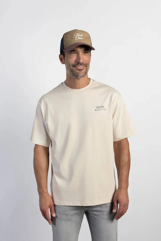 Herren-T-Shirt mit Aufdruck – Ecru – облечен