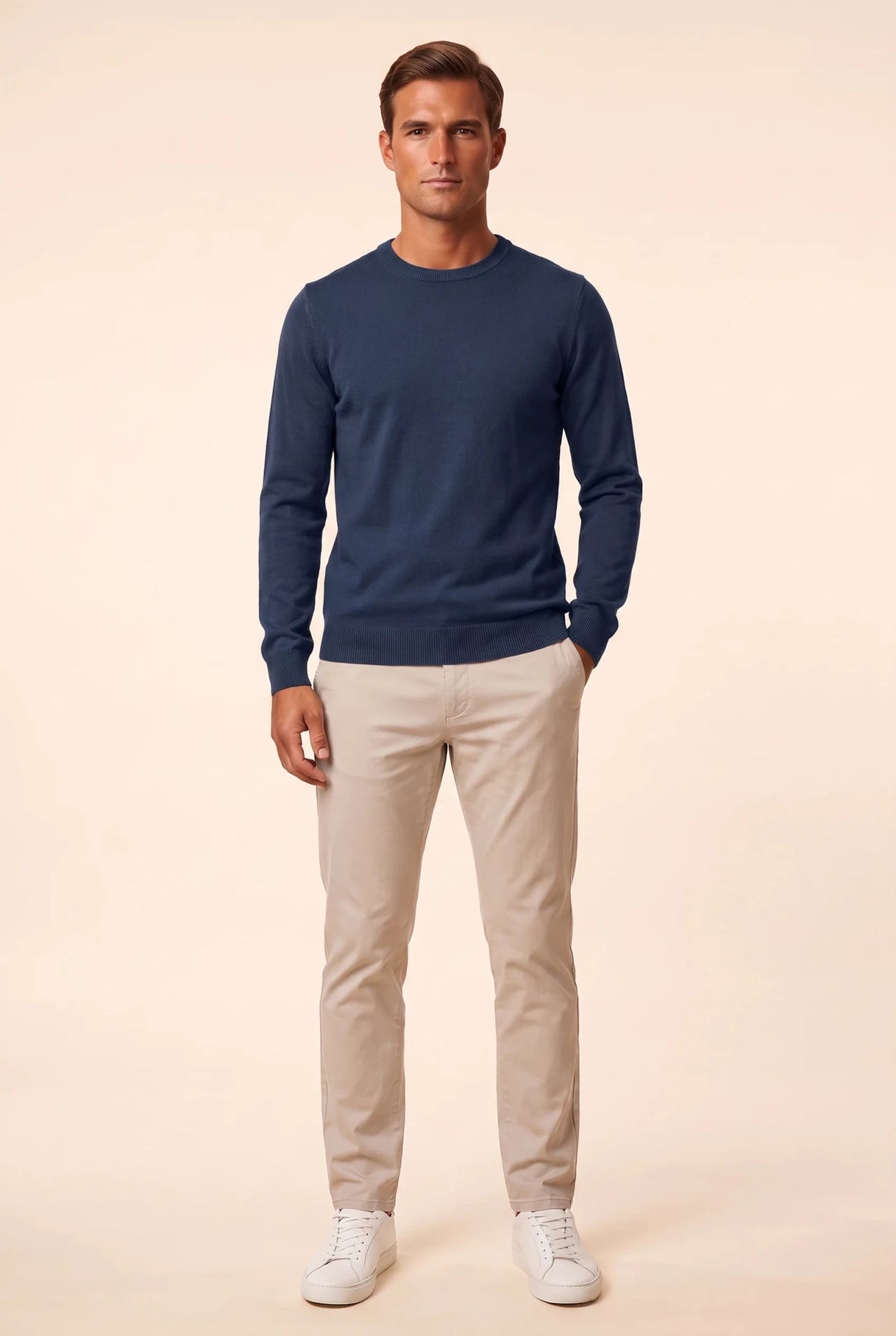 Мъжки памучен пуловер с обло деколте в "миднайд" синьо Roberto&Co Roberto Fashion Store Sweater CLM0808KNIMDNGTBLS S