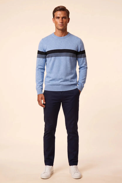 Мъжки памучен пуловер в светлосиньо с черна лента на гърдите Roberto&Co Roberto Fashion Store Sweater LGT0808KNIBLUSTRS S