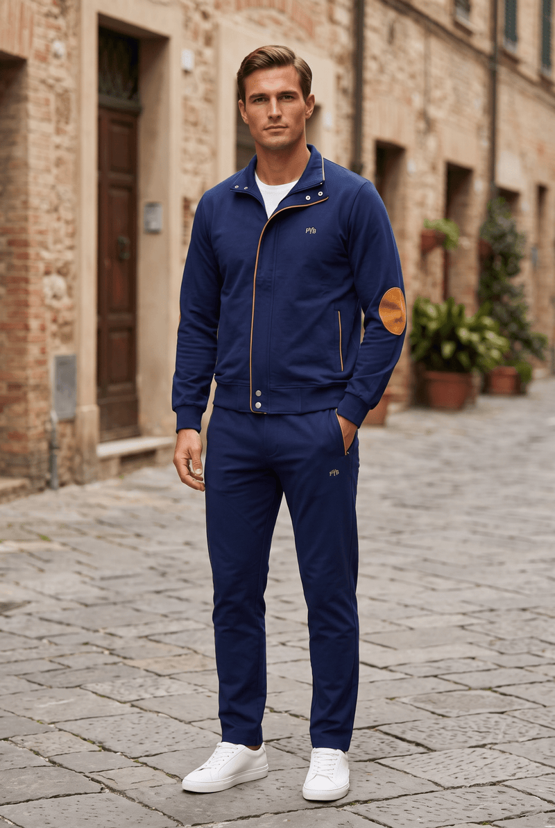 Erkek spor-şık takım yakalı ve deri dirseği yamaları, koyu lacivert - Boyutlar M, XL, 2XL, 3XL