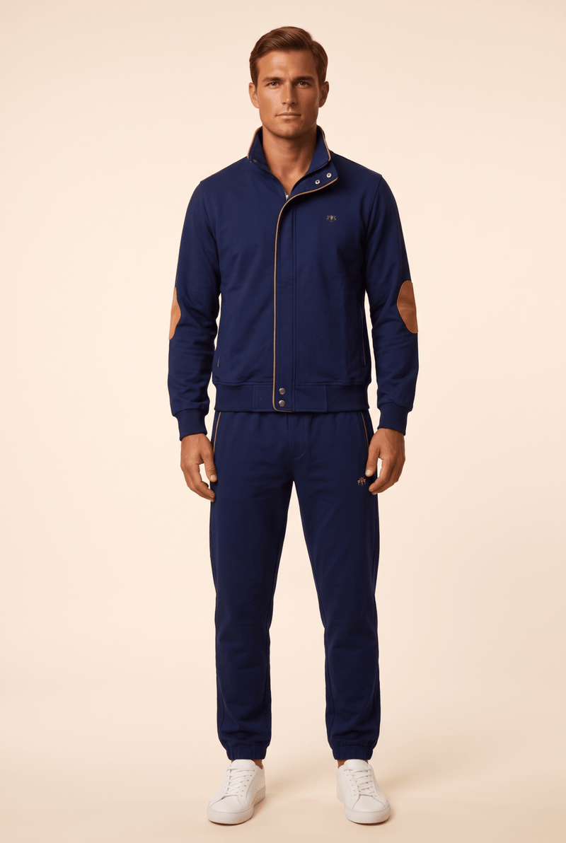Erkek spor-şık takım yakalı ve deri dirseği yamaları, koyu lacivert - Boyutlar M, XL, 2XL, 3XL