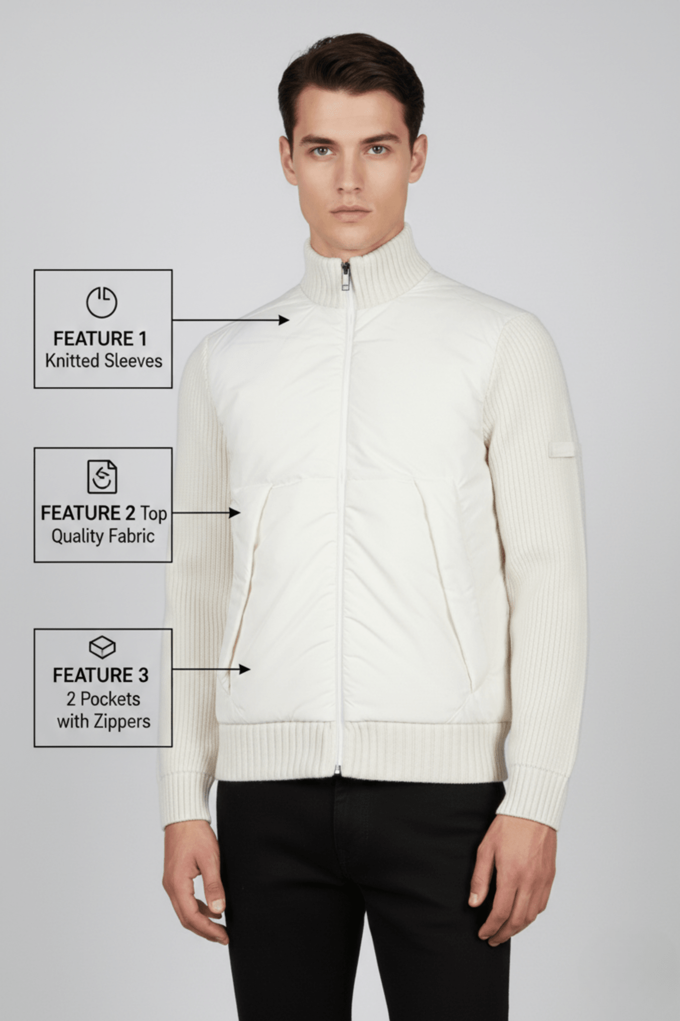 Мъжко Спортно Яке с плетени ръкави, Бял Giotelli Roberto Fashion Store Jacket GIO2601SWEWHIZIPM M